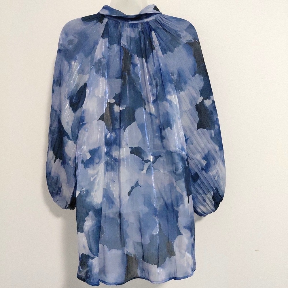 Susan Graver OCCASIONS Tunic Blouse Top LARGE‎ Blue Floral Sheen Flowing Sheer - Picture 5 of 12